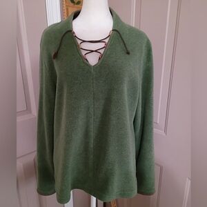 Wooly Bully vintage sage green fleece pullover with lace-up v-neck. Size XL.